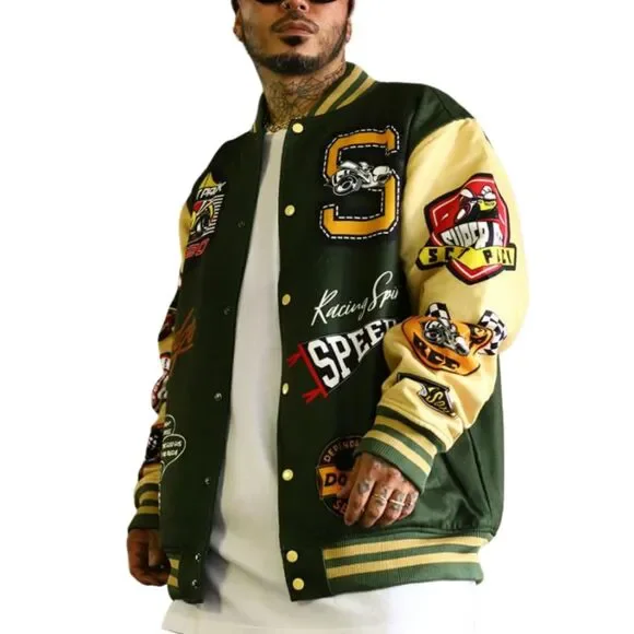 Reason x Dodge Scatpack Varsity Jacket Men Large Green Khaki Letterman Bomber - Picture 12 of 15